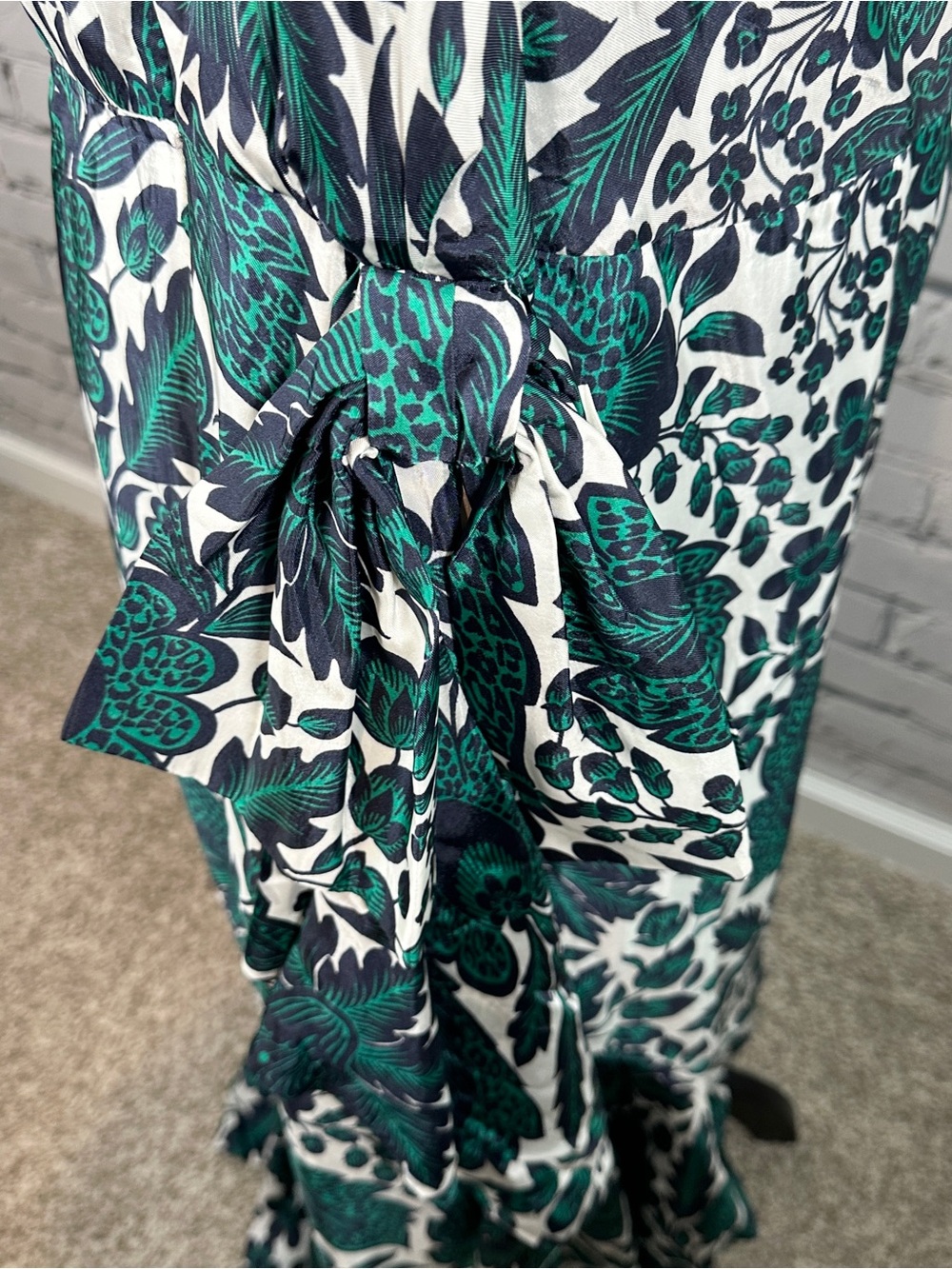 J. Crew Silky One Shoulder Ruffle Hem Dress Size 24 Emerald Navy Floral Formal - Picture 9 of 16
